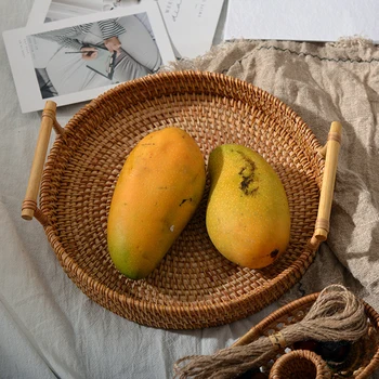 

Rattan Handwoven Round High Wall Severing Tray Food Storage Platters Plate Over Handles For Breakfast Storage Basket