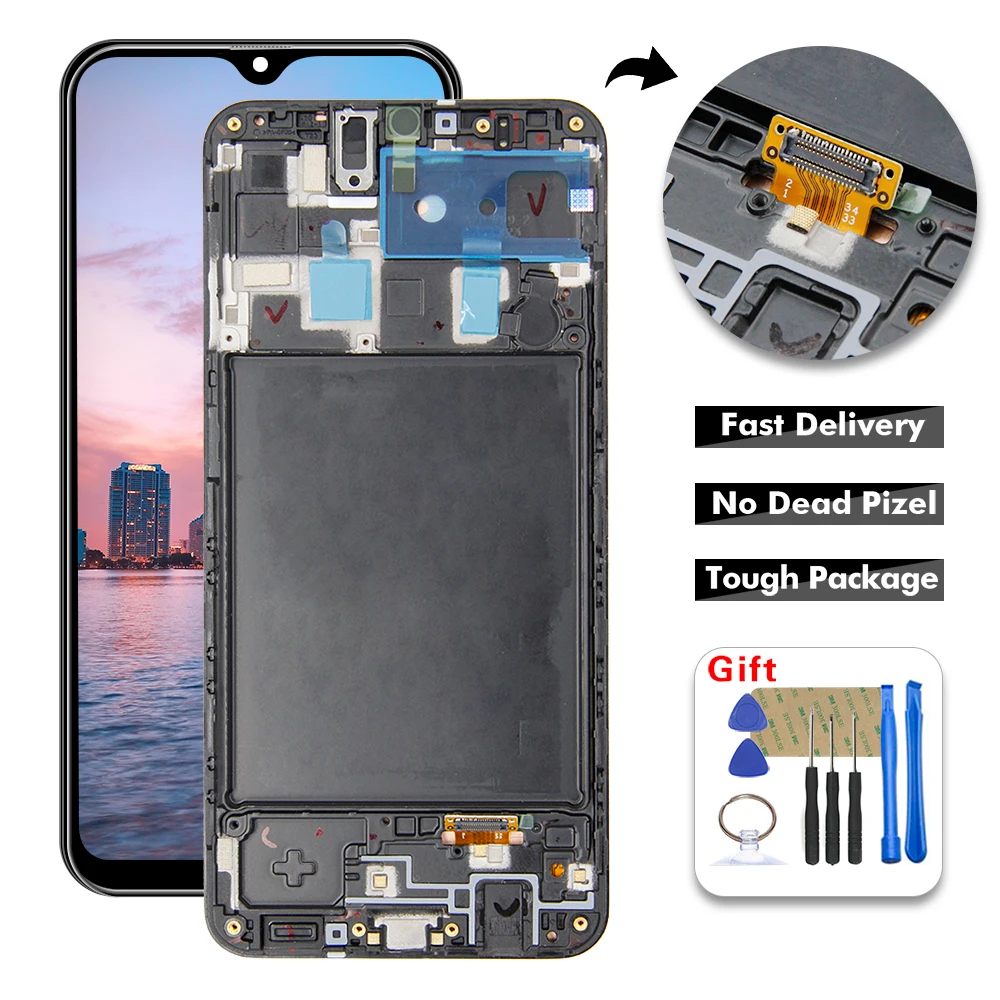 

SUPER AMOLED LCD For SAMSUNG Galaxy A20 A205G A205F A205FN A205DS LCD Display Digitizer Touch Panel Screen Assembly + Frame