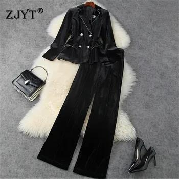 

High Quality Fashion Fall Winter Runway Set Women 2020 Elegant Full Sleeve Vintage Velour Blazer and Pants Suit Office Outfit
