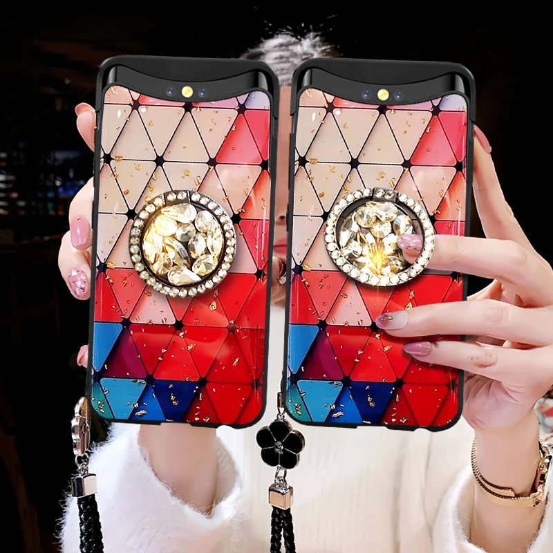 

Manderm Multi-colored Tempered Glass Phone Case For OPPO Find X Shiny Sequins Wrist Strap Rhinestones Soft TPU Phone Cover