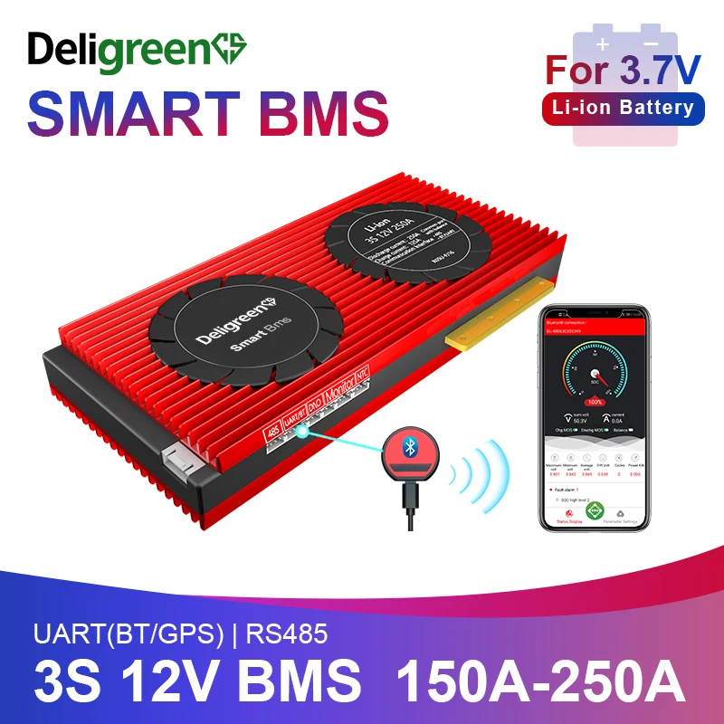 

Smart BMS 3S 80A 100A 120A 150A 200A 250A with Fan UART 485 Bluetooth 12V Faster Cooling Li Ion Battery Starter Battery RV