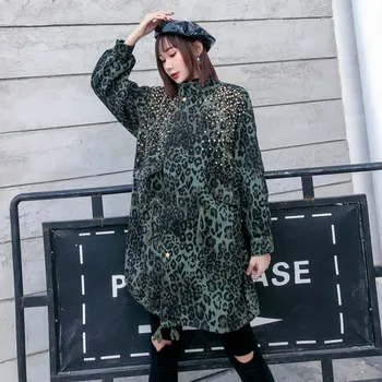 

Women Camouflage Mid-long Trench Jacket Coat Rivet Punk Hip Hop Streetwear Loose Windbreaker Female Stand Collar Outerwear