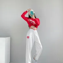 

Red Short Letter Hoody Long Sleeves Loose O Neck Cropped Sweatshirt Pullover Hip Hop 2XL Female Harem Pants Women Sports Clothes
