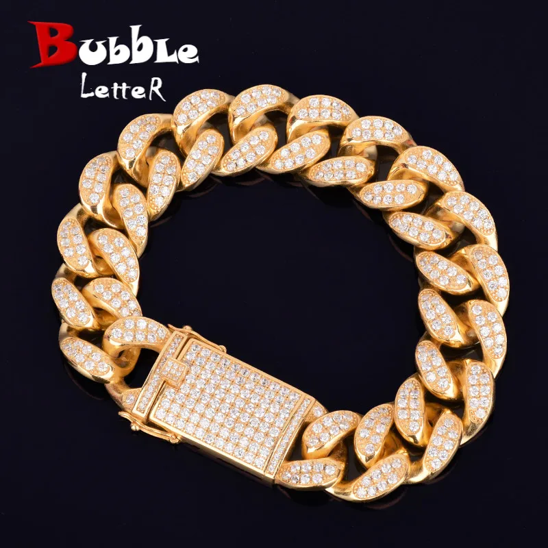 S925 Серебряный 18 мм массивный браслет с кубинскими звеньями в стиле Майями золотистые и Серебристые подвески с кубическим цирконием мужские ювелирные изделия в стиле хип-хоп