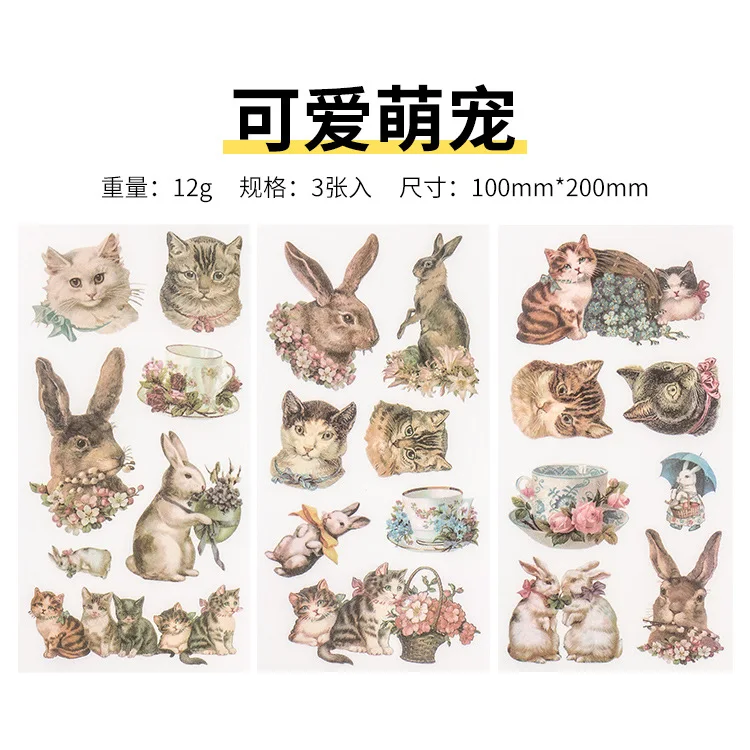 3 Sheets/pack Vintage Stickers Journey Food Flowers Decorative Washi Stickers Scrapbooking Label Diary Stationery Album Stickers