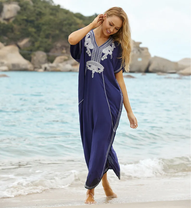 Embroidery Cotton Beach Cover up Saida de Praia Swimsuit Women Bikini cover up Tunics for Beach Pareo Sarong Beachwear