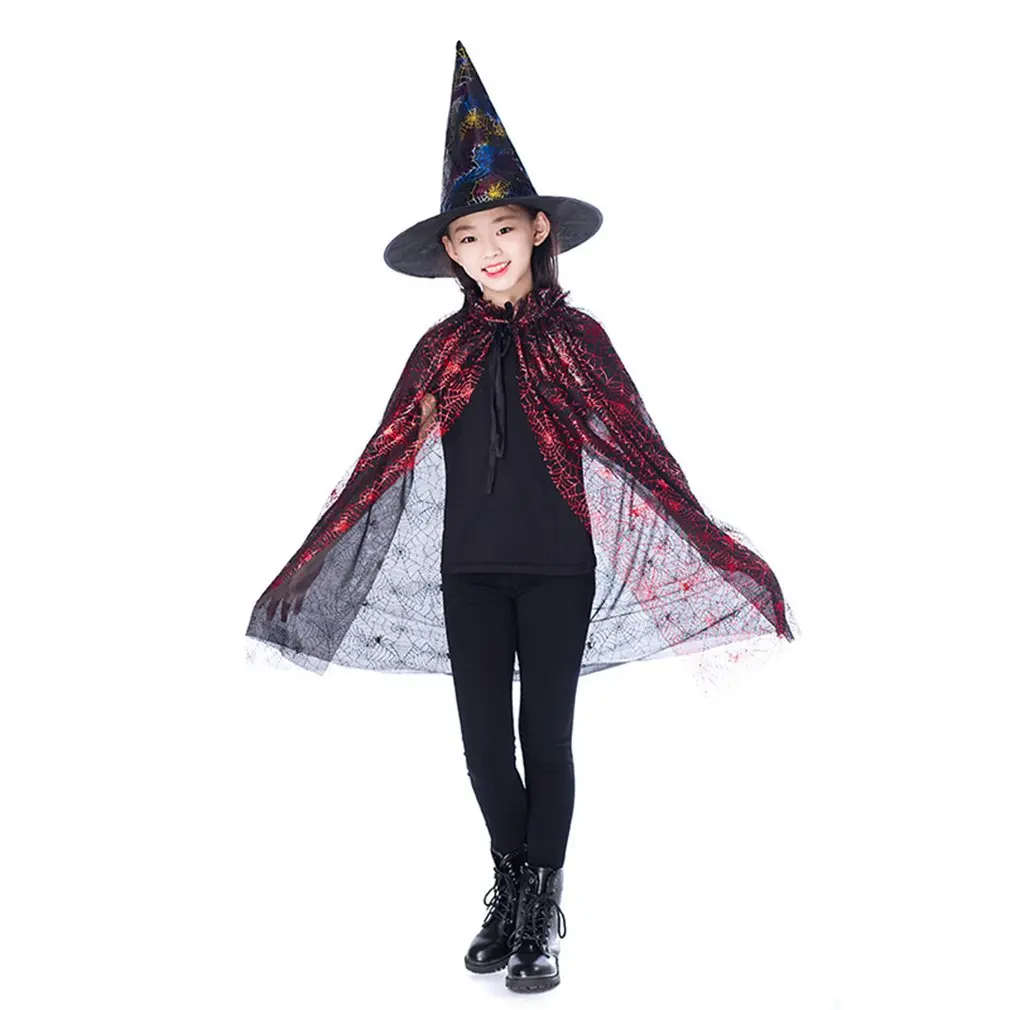 

New Gold Red Purple Kids Happy Halloween Magician Costume Set Wizard Witch Cloak Cape Robe And Hat For Boy Girl Gifts