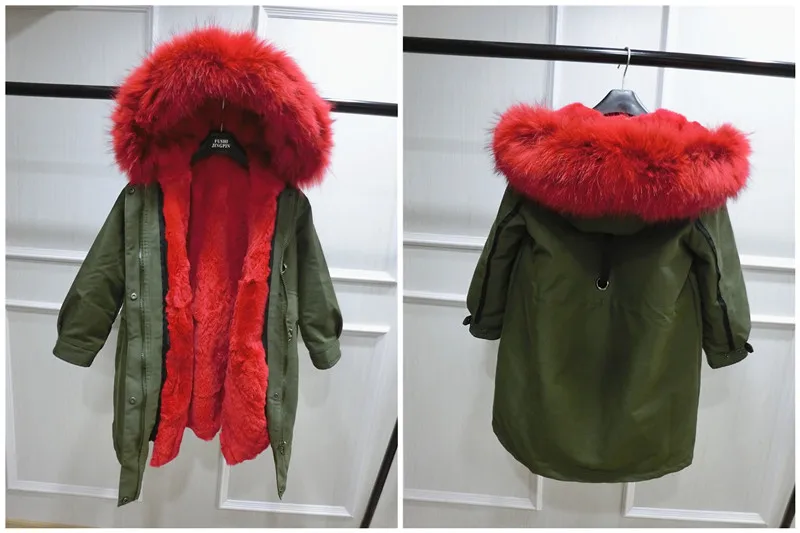 green red Xlong/ветрозащитные куртки с натуральным мехом для маленьких девочек теплые парки с хлопковой подкладкой и кроличьим мехом Зимние Пальто с воротником и капюшоном из натурального меха для мальчиков - Цвет: green red