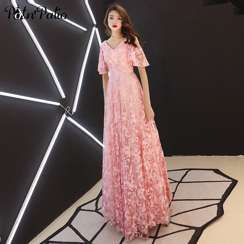 

2019 New V-neck Pink Evening Dresses Long Luxury Sequined Lace Evening Gowns For Women Elegant Formal Dresses With Cap Sleeves