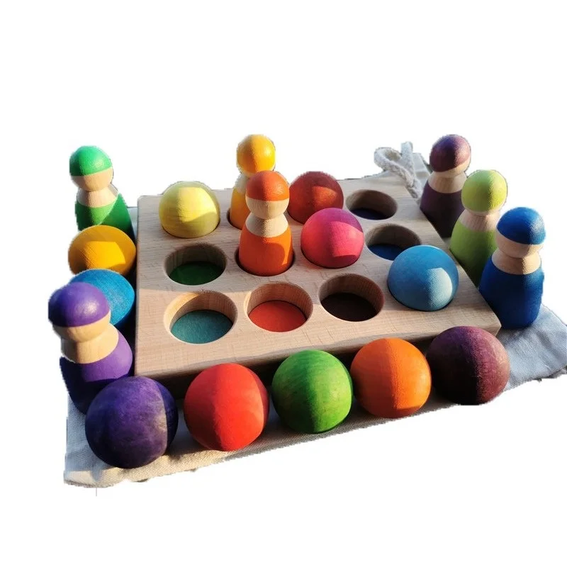 Kids Wooden Toys Color Sorting Wood Balls Rainbow & Pastel Sphere with Tray Unpaint Cup Montessori Peg Dolls and Rings | Игрушки и