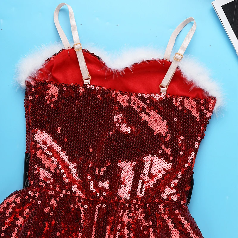 ChicTry Girls Sequined Figure Skating Dress Tutu Ballet Leotard Set Kids Christmas Holiday Santa Stage Performance Dance Costume