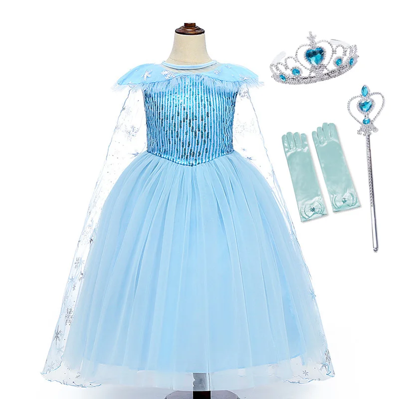 Платье Эльзы для девочек; накидка со снежинками; летние вечерние костюмы Снежной королевы с блестками; Детский карнавальный костюм на Хэллоуин для девочек - Цвет: Set 2