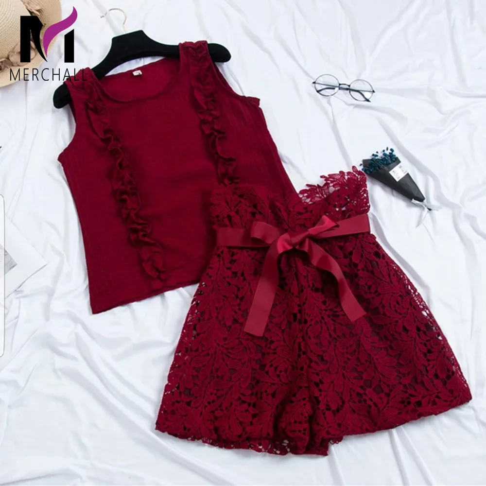 

2019 Summer Fashion Lace Two Pieces Set Sweet Suits Women Elegant Sleeveless Shirt Top + High Waist Bow Belt Shorts Suit