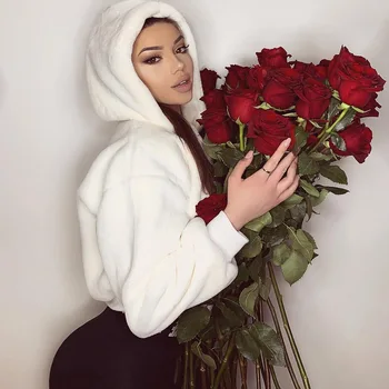 

2020 Autumn Winter Women Fleece Velet Fur Short Coat Hooded Solid Jacket Long Sleeve Zipper Casual Soft White Outerwear L0180