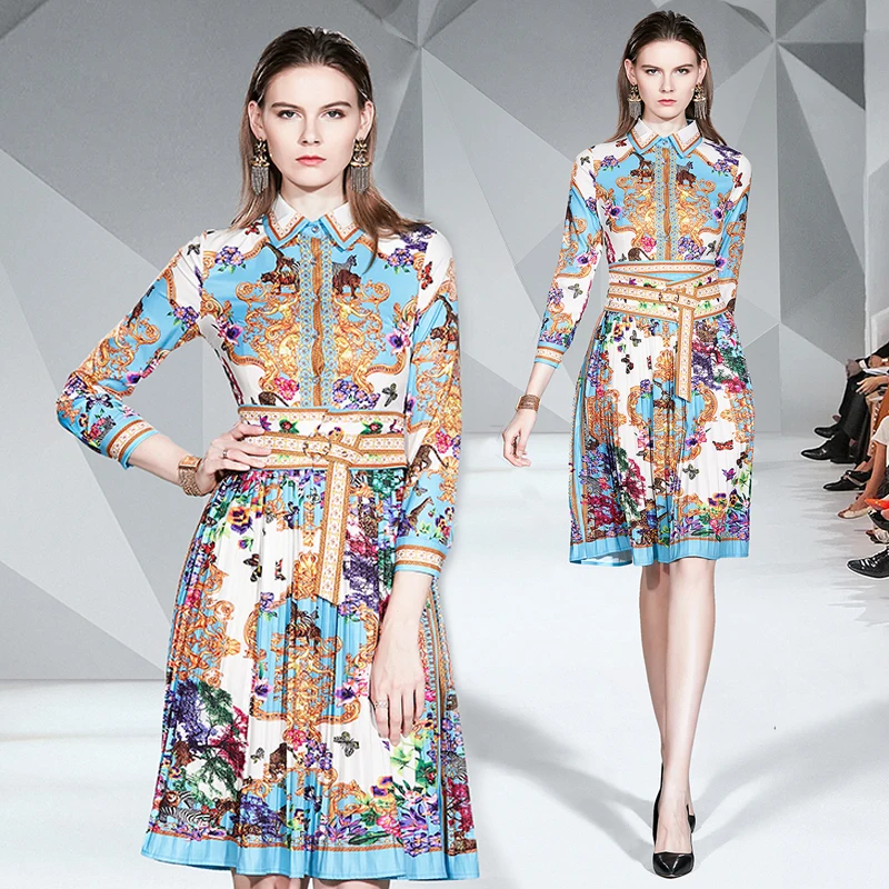 

Banulin Runway Designer Autumn Dress Women's Long Sleeve Turn Down Neck Vintage Art Printed Midi Pleated Dress Vestido