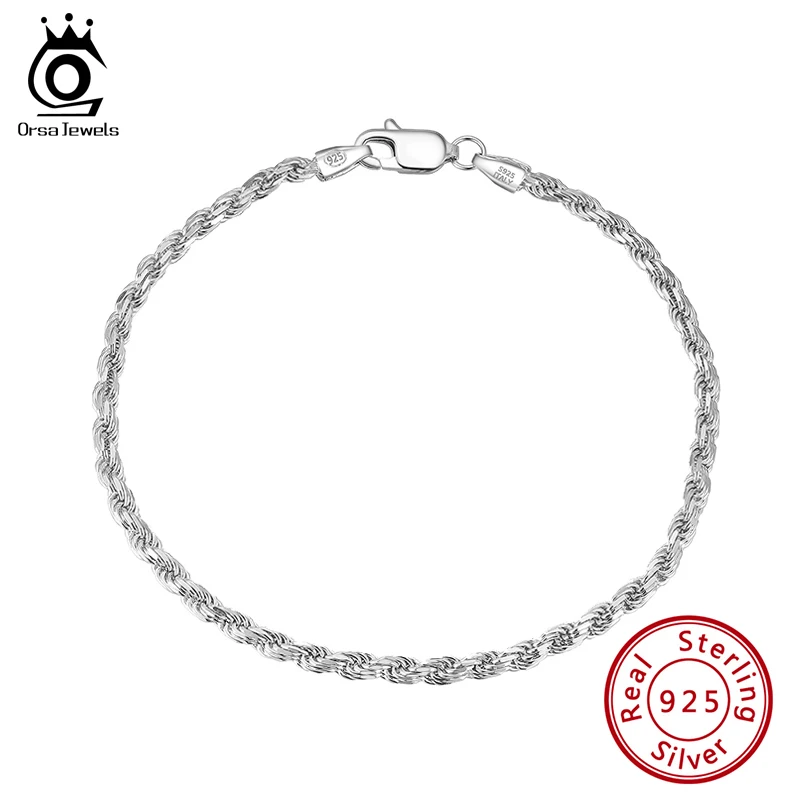 ORSA JEWELS Solid Sterling Silver Authentic Italian Diamond Cut Twist Rope Chain Thick Braided Bracelet for Men and Women SB101