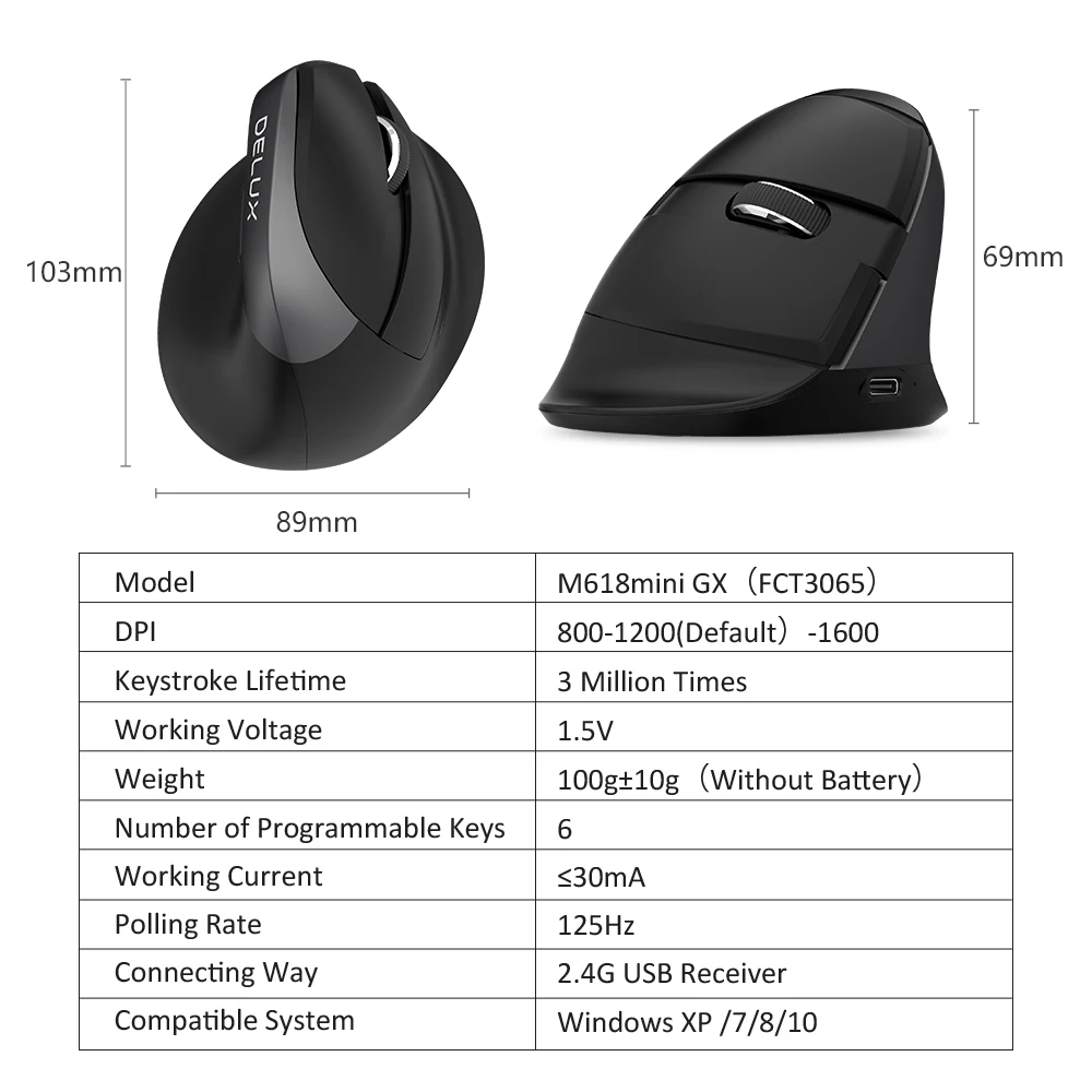 Vertical sem Fio Verticais para Computador Delux Mini Ergonômico Mouse Gamer 1600 Dpi Ratos Portátil M618 2.4 Ghz - Imagem 5