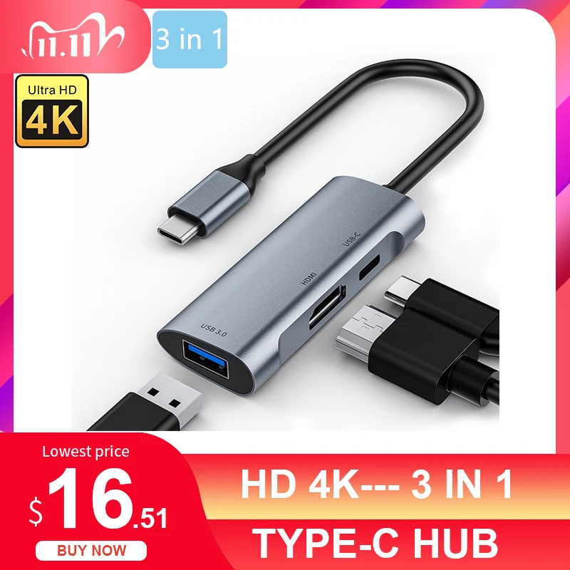 

USB C HUB Type-C to 3 in 1 USB 3.0 HUB HDMI Adapter Dock for MacBook Pro Huawei Mate 30 USB-C 3.1 Splitter Port Type C HUB