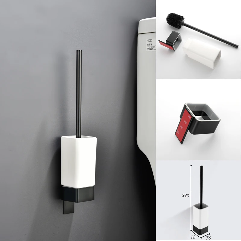 Aluminum Bathroom Accessories Set No Drill Toilet Brush Holder Ceramic Roll Paper Holder Black Robe Hook Towel