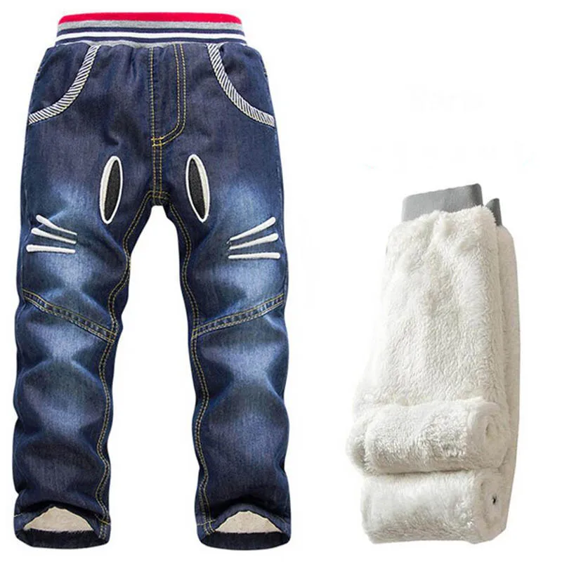 Детские зимние джинсы с рисунком для мальчиков и девочек, модные детские плотные теплые джинсовые брюки, утепленные бархатные джинсовые штаны