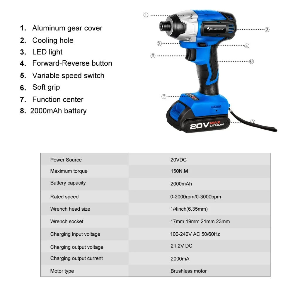 Электрическая отвертка PROSTORMER 20 в бесщеточная аккумуляторная отвертка Ударная дрель 300 нм сумка для инструментов перезаряжаемая дрель с переменной скоростью