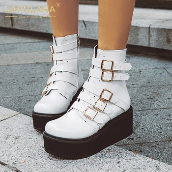 

Lapolaka 2020 New Arrivals Wedge High Heels Autumn Winter Boots Woman Shoes Platform Zip Up Black White Ankle Boots Female