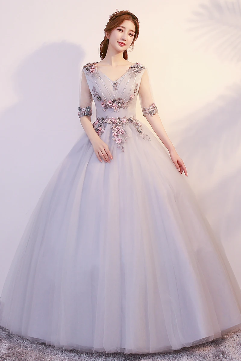 Новая коллекция пышных платьев 15 лет Vestidos De 15 Anos светло-серые Бальные платья полупрозрачные платья с длинными рукавами на заказ