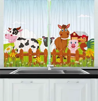 

Animal Kitchen Curtains Farm Creatures with Cow Horse Goat Pig and Chicken by The Fences Kids Cartoon Window Drapes for Kitchen