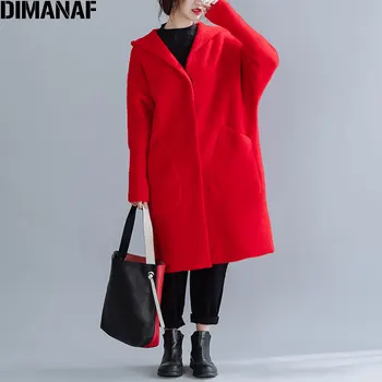 

DIMANAF Winter Women Coat Wool&Blends Thick Plus Size Office Lady Outerwear Loose Hooded Batwing Sleeve Cardigan Female Clothes