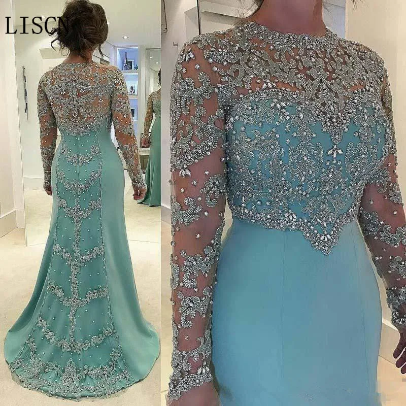 

Rhinestones Beaded Appliques Mint Green Mermaid Mother of the Bride Dresses Sparkly Long Sleeve Lace Guest Formal Party Gowns