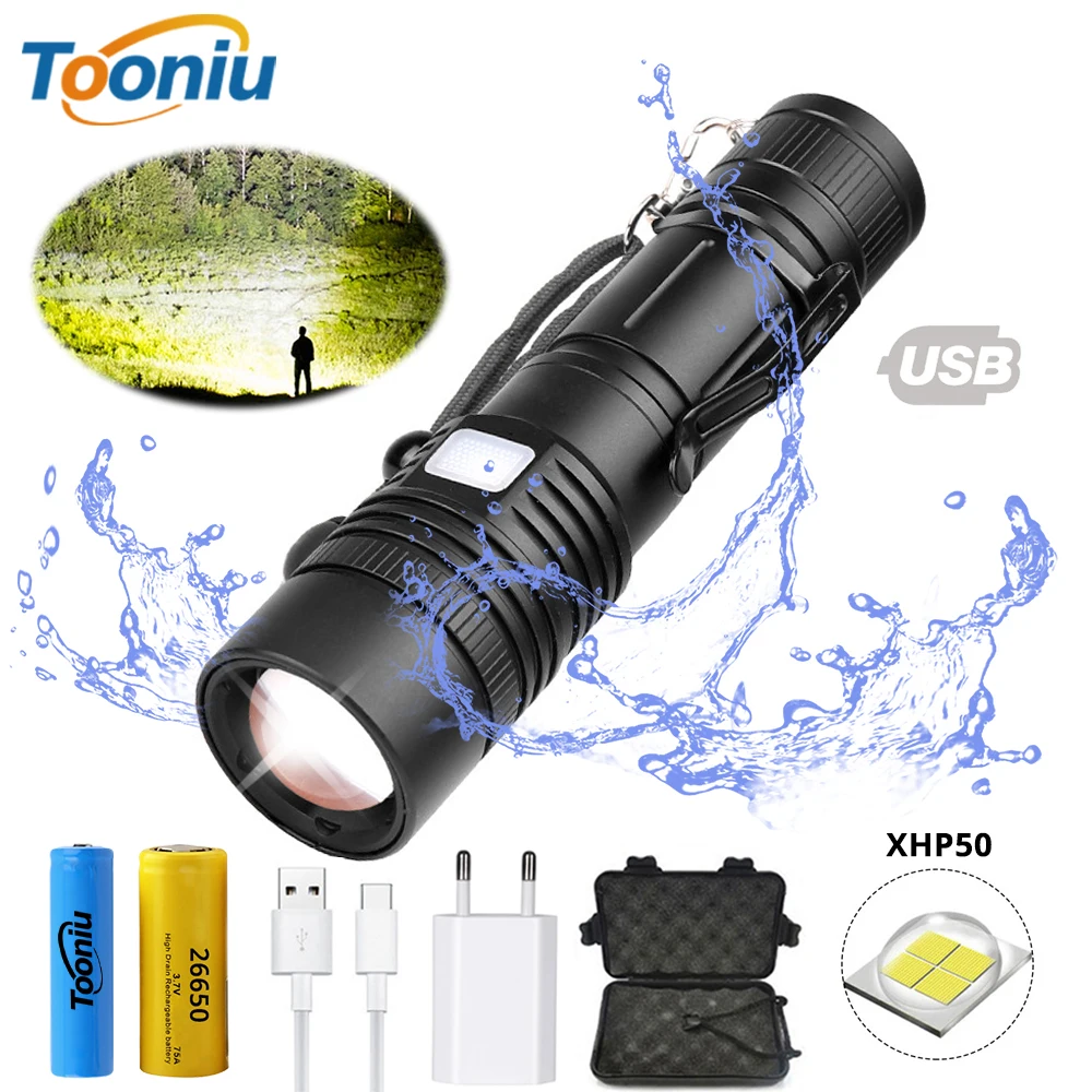 

Powerful LED Flashlight XHP50 Lamp bead Support zoom 5 lighting modes Torch By 18650 or 26650 battery For outdoor activities