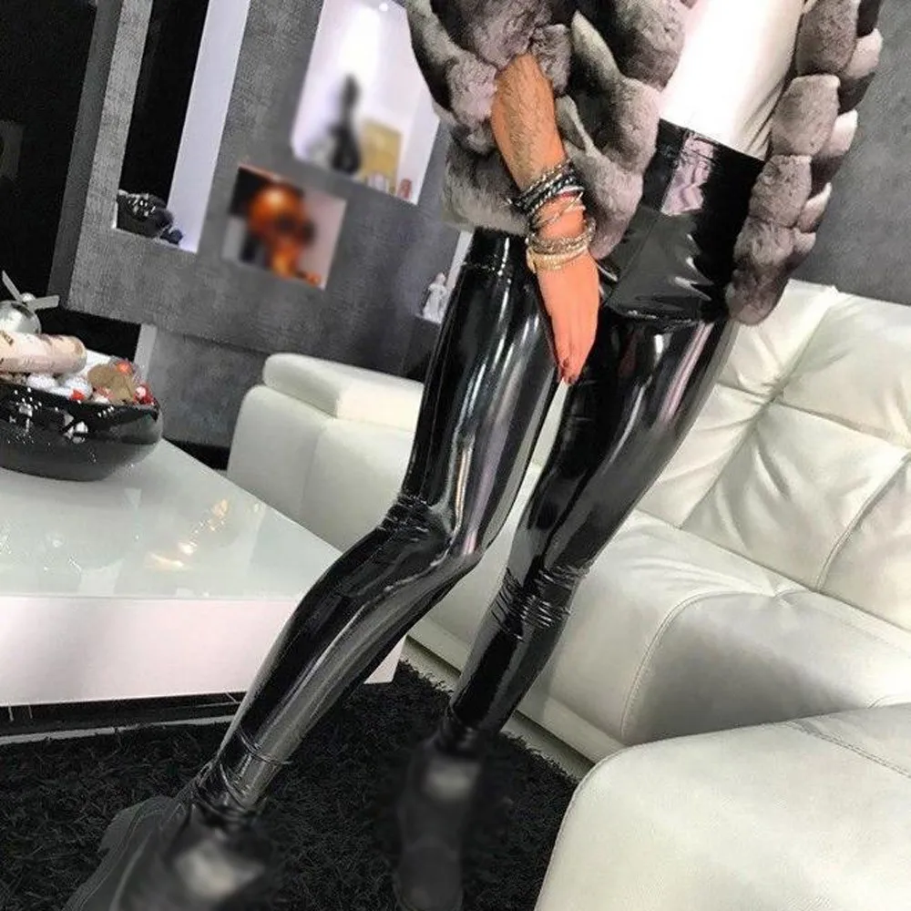 Fashion Women PU Leather Pants High Elastic Waist Leggings Zipper Slim Bright Leather Leggings Women Skinny Legging Leginsy