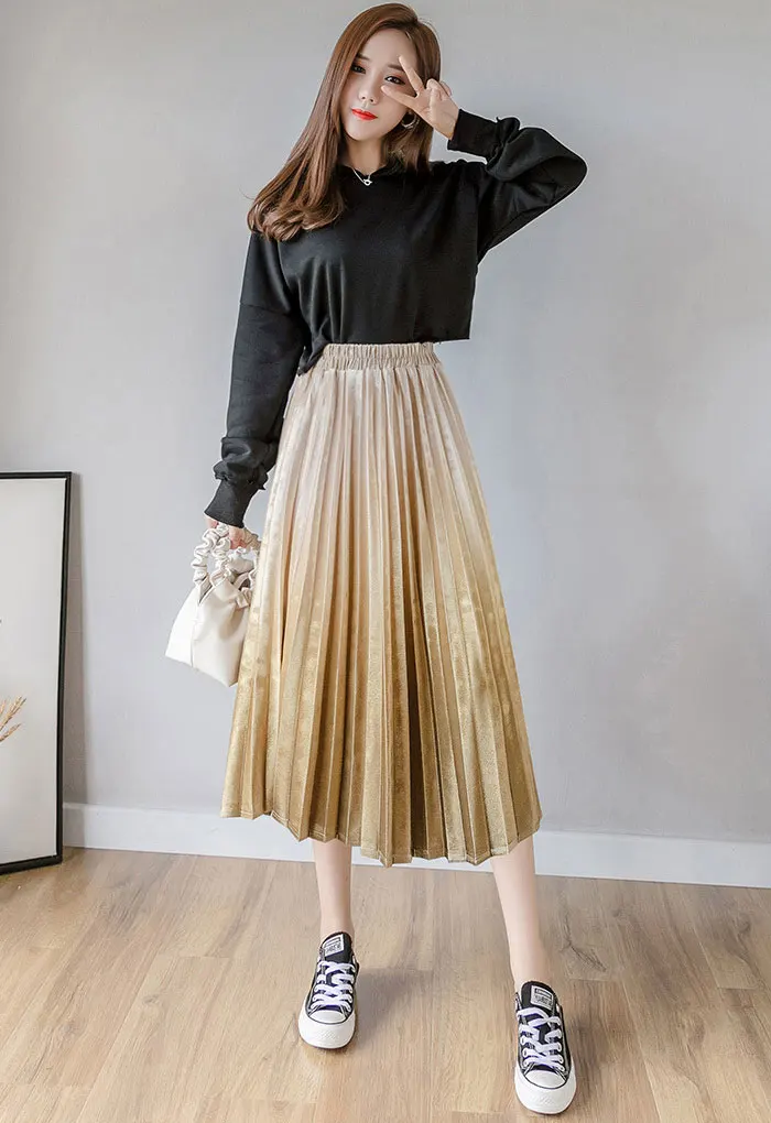 Осенне-зимняя бархатная юбка золотого цвета с градиентом, Женская длинная Плиссированная юбка с высокой талией, универсальные ретро юбки для женщин