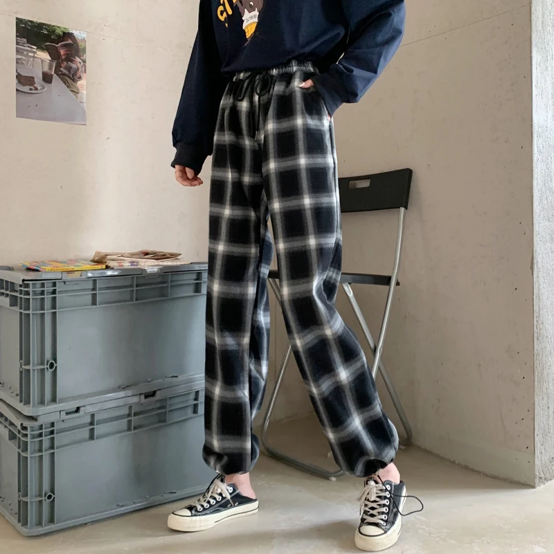 QWEEK Checkered Pants for Women Casual Chic Black Plaid Pants High Elastic Waist Women Korean Style 2021 Winter Female Pants