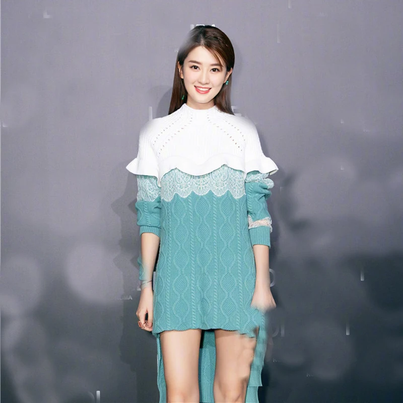

High Waist Lace Patchwork Woman Knitted Long Sweaters Pullovers Long Sleeve Ruffles Hollow Out Irregular Sweaters Fall OL Tops