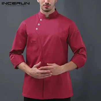 

INCERUN Chef Uniform Food Service Restaurant Cooking Men Kitchen Jackets Solid 2020 Long Sleeve Stand Collar Tops Costume S-5XL