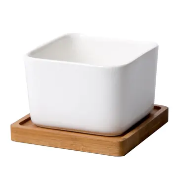 

Square Ceramic Flowerpot Durable Flower Pot Simple Planter Creative Ceramic Basin With Bamboo Tray for Succulent Plants Garden
