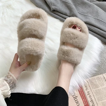 

Winter Women House Fuzzy Slippers 2020 Faux Fur Fashion Warm Shoes Woman Slip on Flats Female Furry Slides Black Pink Cozy Home