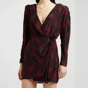 

Sexy V-neck Womens Mini Dress Small Hearts Print Slim Waist Lace-up Long-sleeved Female Short Dresses