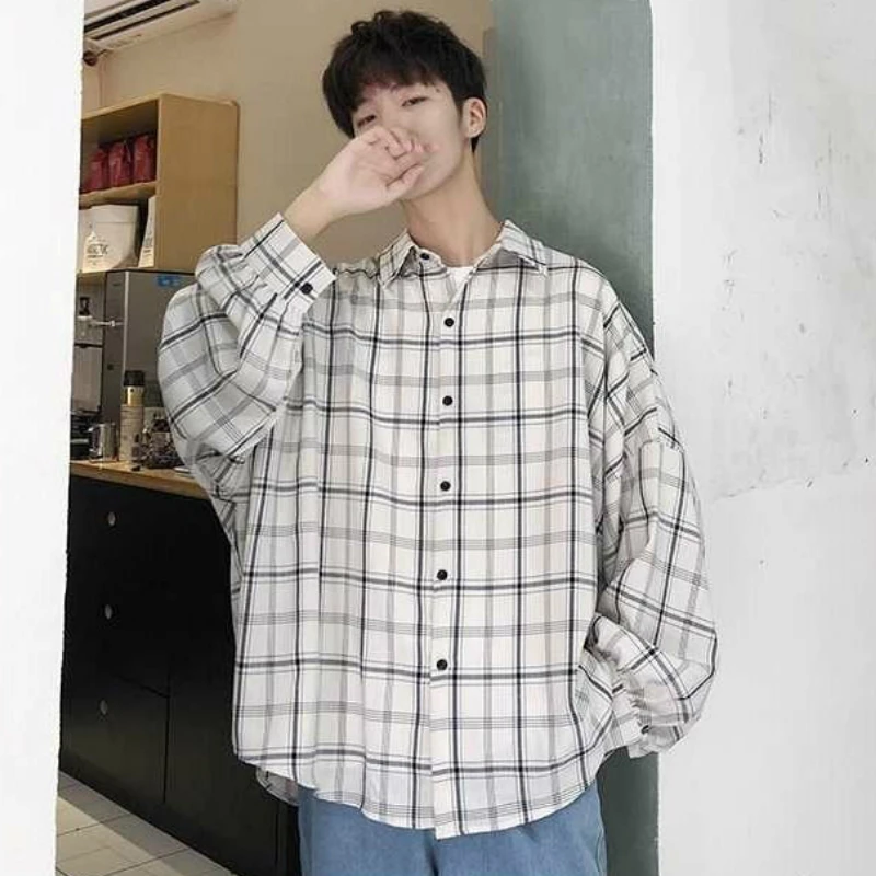 Men Casual Shirts Plaid Single Breasted Long Sleeve Plus Size 3XL Loose Korean Chic Fashion Oversize All-match Thin Outwear BF