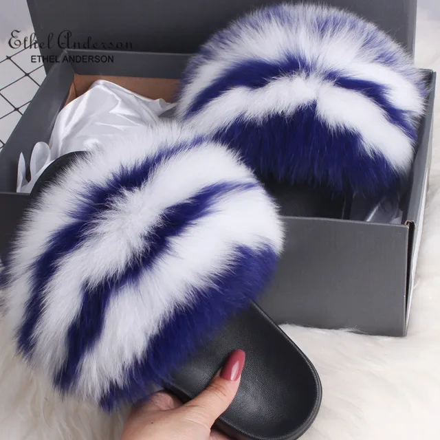 2021 Hot Sale Women Real Fox Fur Slippers Multi-color Summer Fashion Slides Casual Female Furry Shoes As picture
