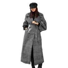 Новое осенне-зимнее шерстяное пальто в клетку для женщин X-long фонарь рукав большой размер шерстяная куртка женская утолщенная Свободная верхняя одежда A2903