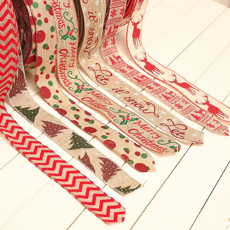 

200cm Linen Christmas Gift Box Decorations Ribbons Printing Christmas Grosgrain Ribbons DIY Lace Ribbon for Xmas Gift Wrapping