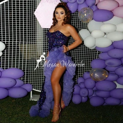 

Purple Blingbling Sequines Strapless Long Dresses Women Fashion Mermaid Side High Slit Ruffled Tulle Birthday Party Dressing