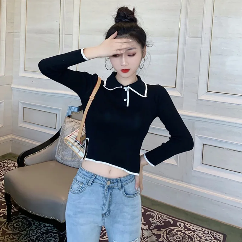 Women Autumn Polo Collar Knitted Sweater Solid Color Long-Sleeved Casual Slim Bottoming Tops Pull Femme Fashion