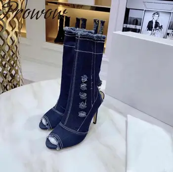 

Prowow New Denim Gladiator Fringe Open Toe High Quality Boots Zip Side Thin High Heel High Quality Fashion Boots Shoes Women