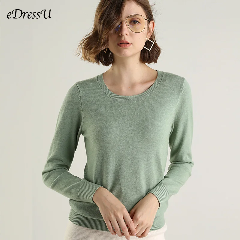 2020 Women Sweater Pullover Simple Jumper Autumn Spring Knitwear O Neck Green Korean Casual Office HW-1 | Женская одежда