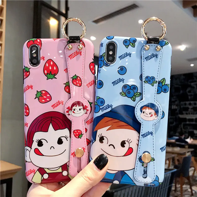 

Japan cartoon fujiya peko wrist strap phone case for Apple iPhone X XR XS Max 7 8 6 6s Plus cute milk girl wristband stand cover