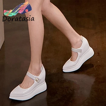 

DORATASIA Genuine Leather Fashion Women Pointed Toe Snake Print Pearl Increasing Height Shoes Office Pumps Women Pumps