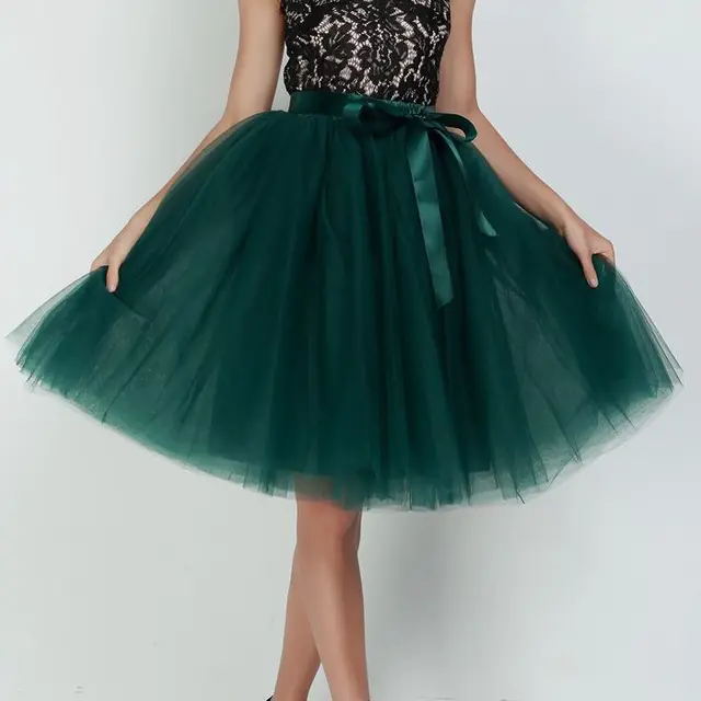 6Layers 65cm Fashion Tulle Skirt Pleated Tutu Skirts Women Lolita Petticoat Bridesmaids Sweet Party Midi Skirt Mini Skirt Dress dark green